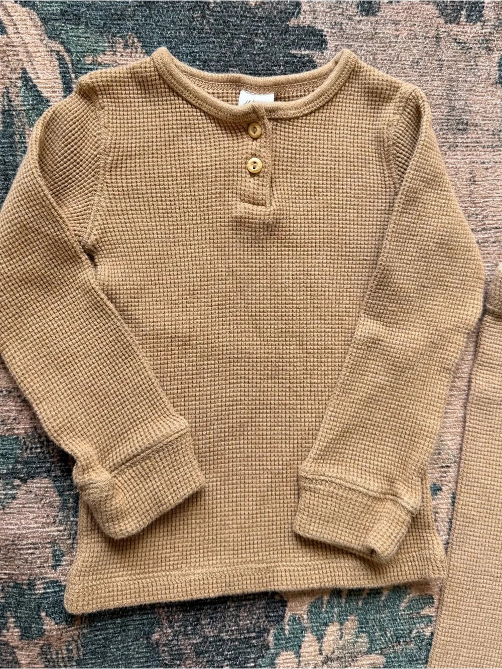 H&M Organic Waffle Knit Thermal Henley Shirt & Pants Set in Tan - 3T